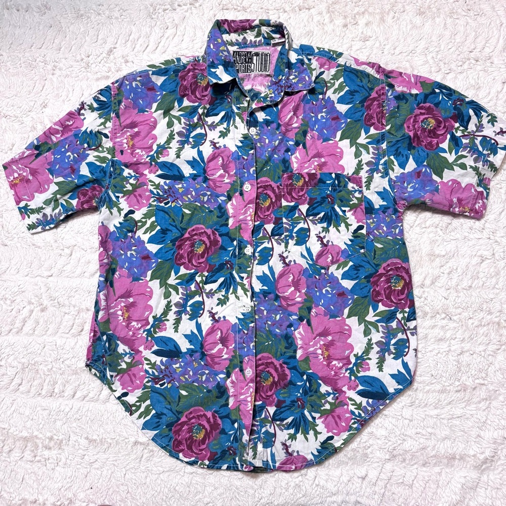 Vintage 80s Andrew Sports Studio Floral Button-Up Shirt men’s Small